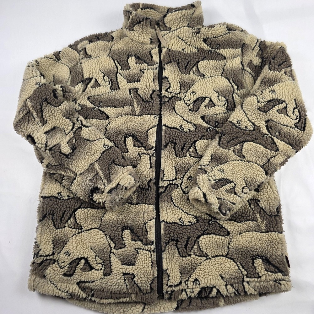 Vintage Woolrich Jacket Womens Small Beige Sherpa Fleece Bear Print Full Zip USA